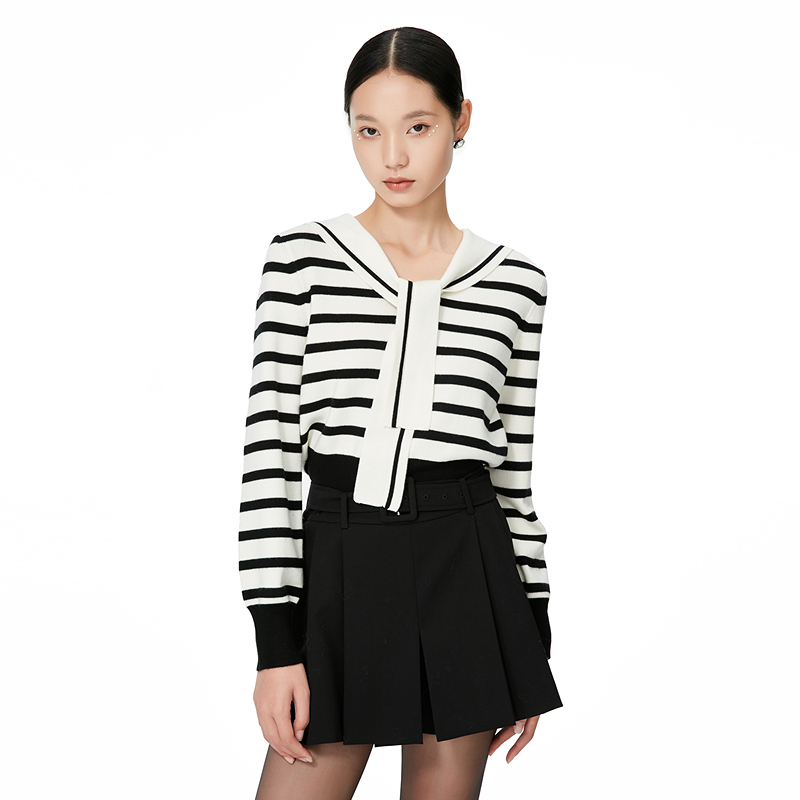 【千颂妮专享】Caroline秋季新款条纹海军领毛针织衫