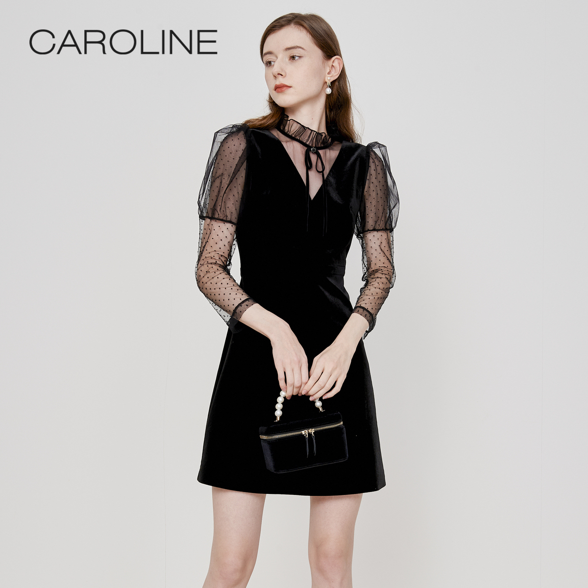 【陈大可专属】Caroline春季新款蝴蝶结收腰半高领短款连衣裙ECRCAC