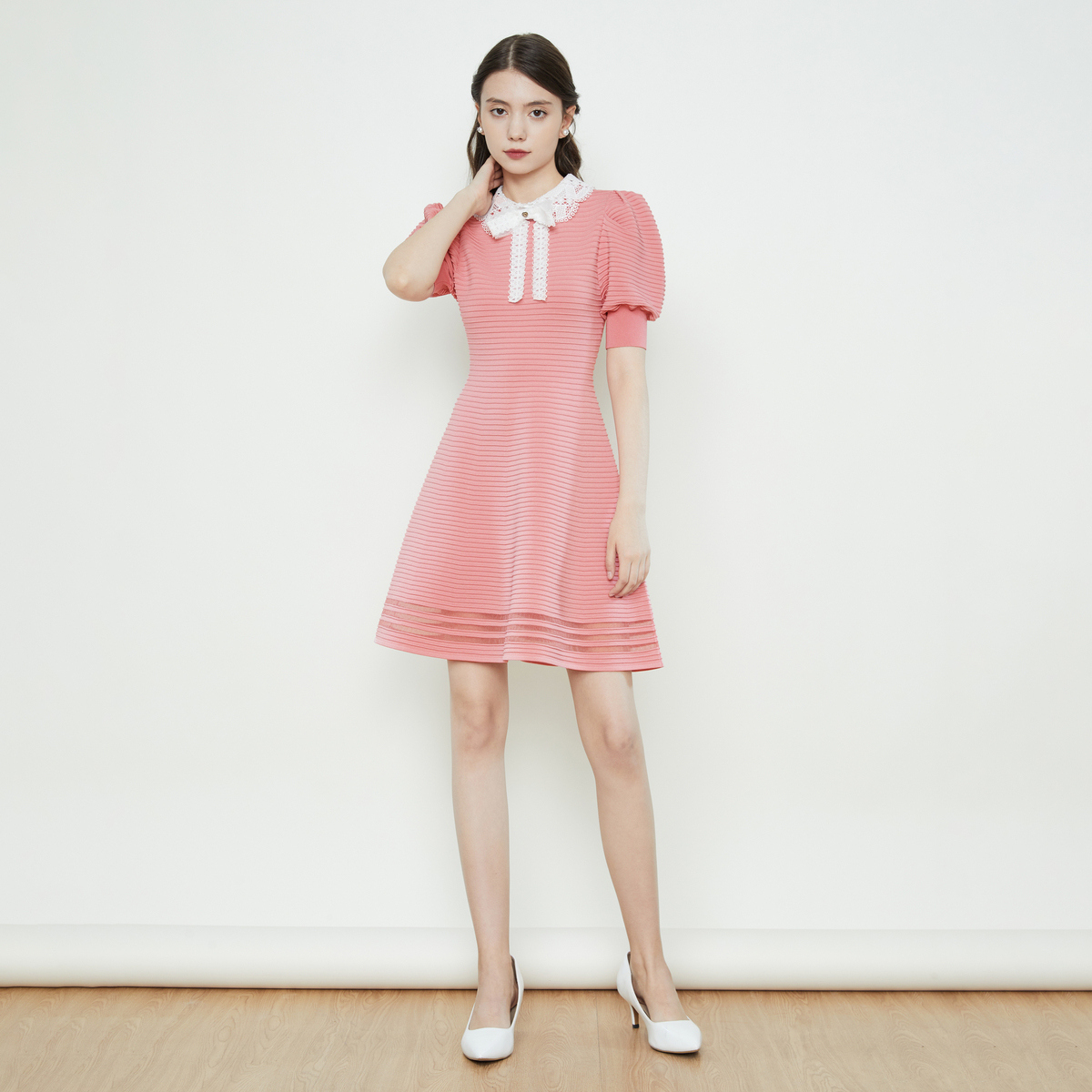 【陈大可专属】Caroline春季新款甜美可爱蝴蝶结小翻领连衣裙ECRDAA