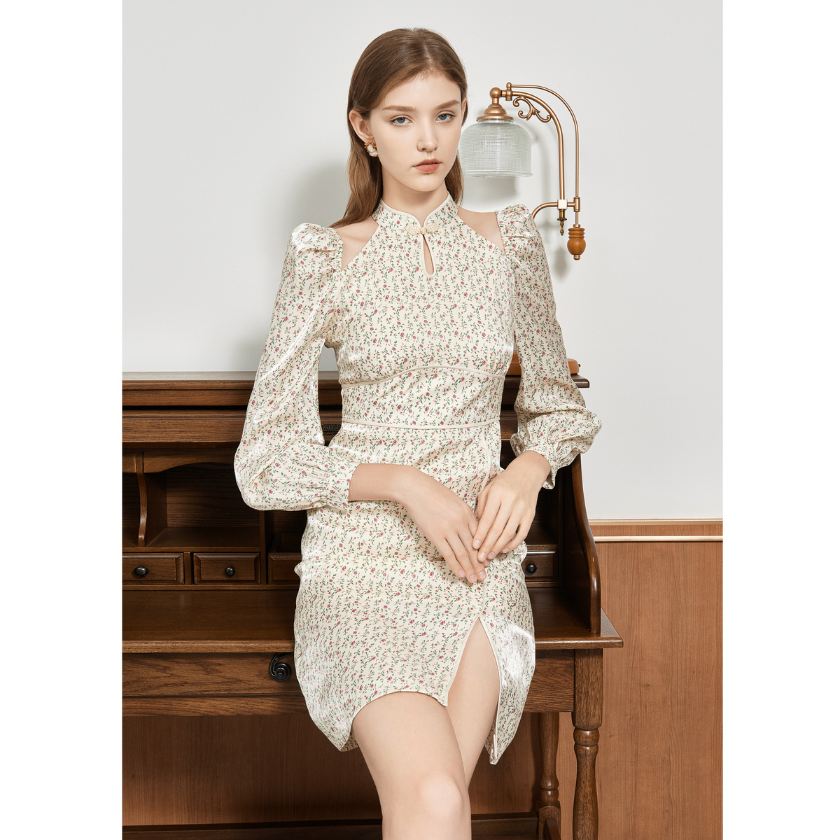 CAROLINE卡洛琳秋季新款中式印花旗袍修身连衣裙ECRCCB31