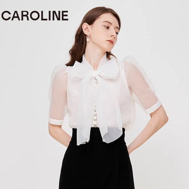 【诗语专属】Caroline夏季新款微透系带蝴蝶结短袖衬衫ECRCBC96