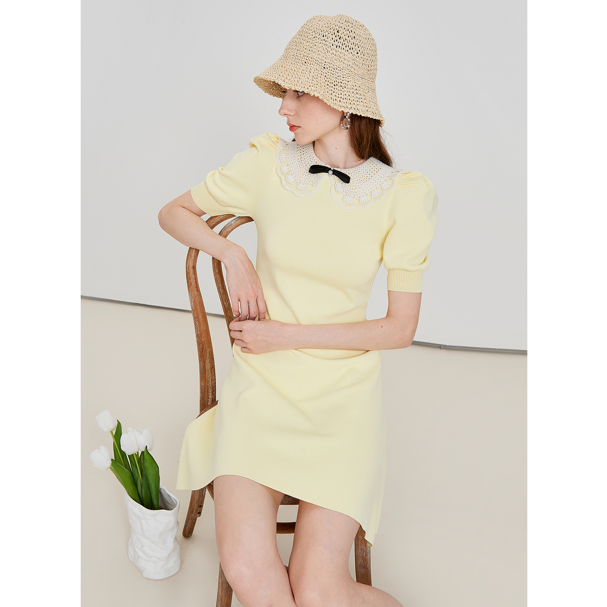 CAROLINE夏季新款拼色蝴蝶结小香风气质法式修身连衣裙ECRCBC41