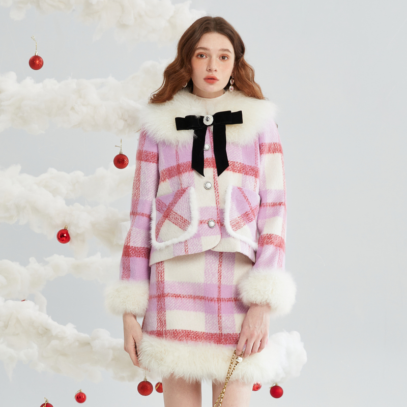 【诗语专属】Caroline秋季新款粉色格纹羊毛大衣毛呢外套ECRDCA82