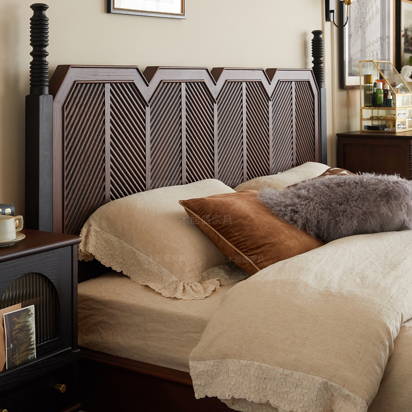 美式轻奢实木床法式高级感雕花床屏卧室家具主卧双人大床复古婚床