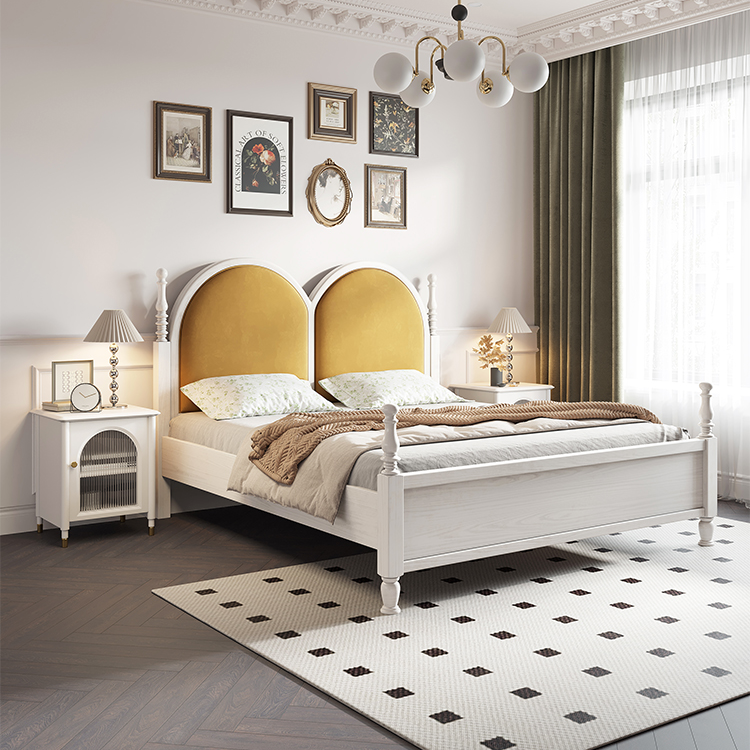 美式轻奢复古丝绒实木床主卧双人床黑色罗马柱高背床法式公主床