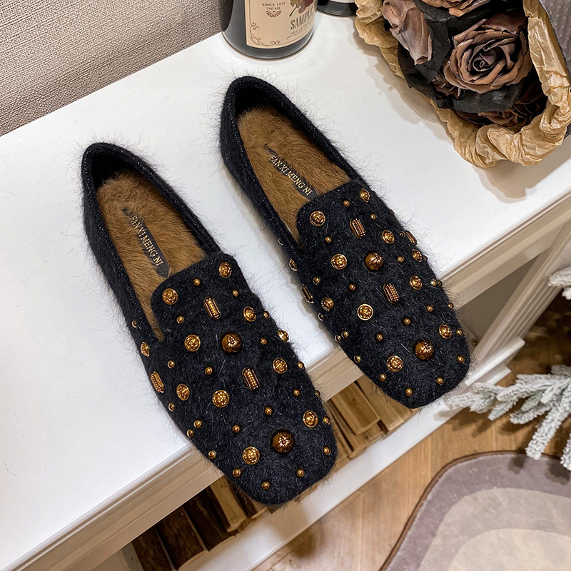 毛毛鞋女外穿冬季加绒平底鞋女乐福鞋黑色舒适平跟瓢鞋柳钉豆豆鞋