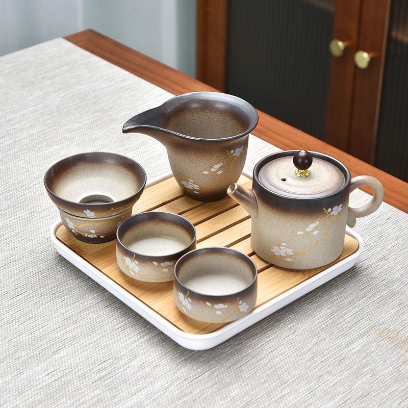 中式家用粗陶陶瓷功夫茶具套组可携式旅行泡茶壶盖碗茶盘酒店民宿
