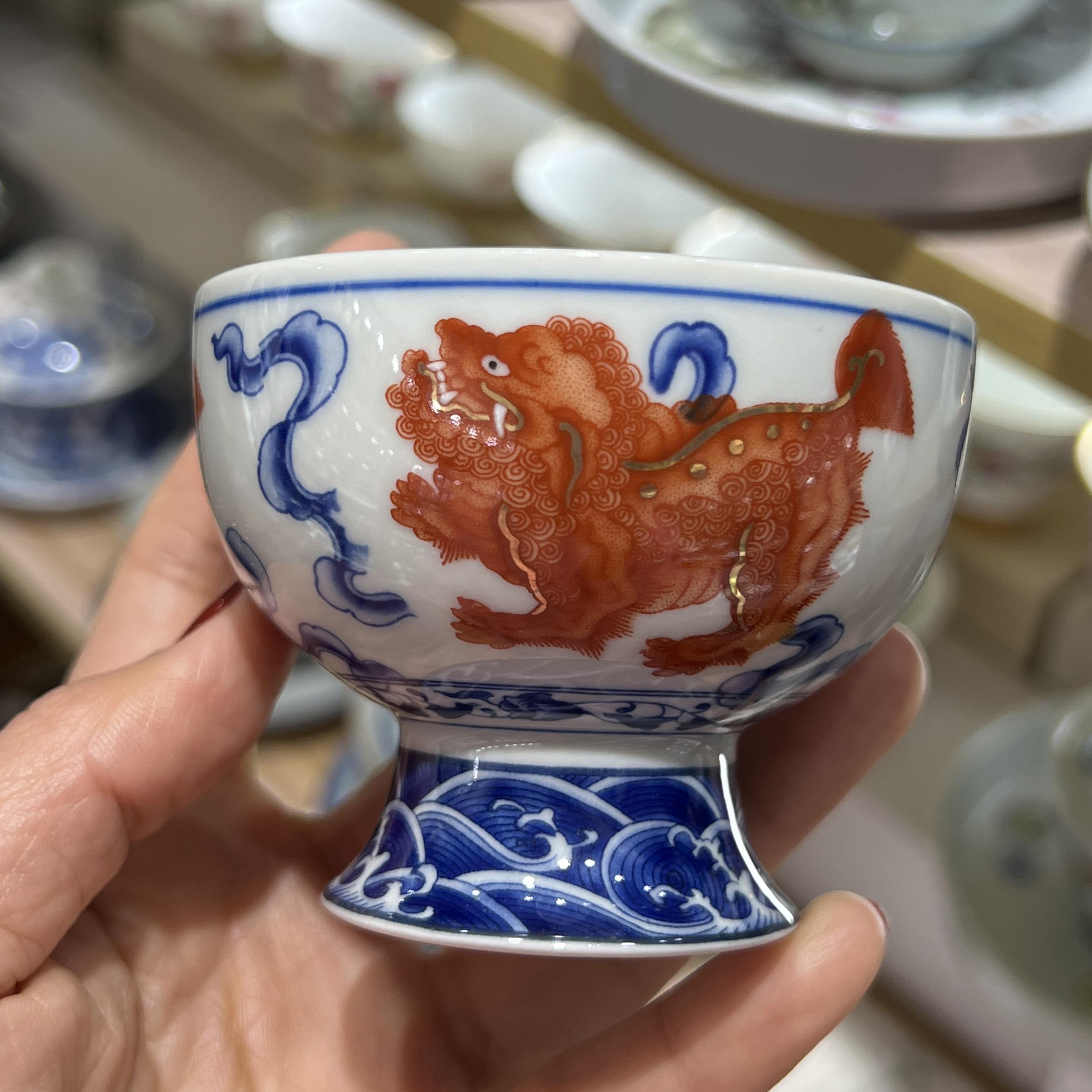 景德镇复古陶瓷茶杯青花狮子高足杯品茗杯子主人杯单杯高脚茶杯