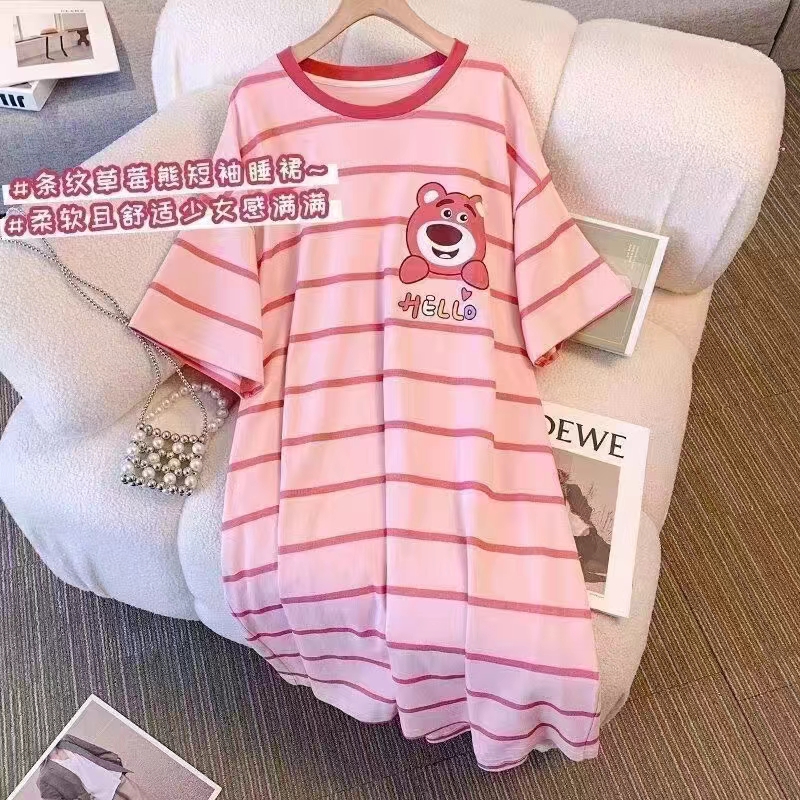 微瑕孤品夏季新款抗菌睡裙女可爱印花宽松短袖睡衣裙子棉质家居服