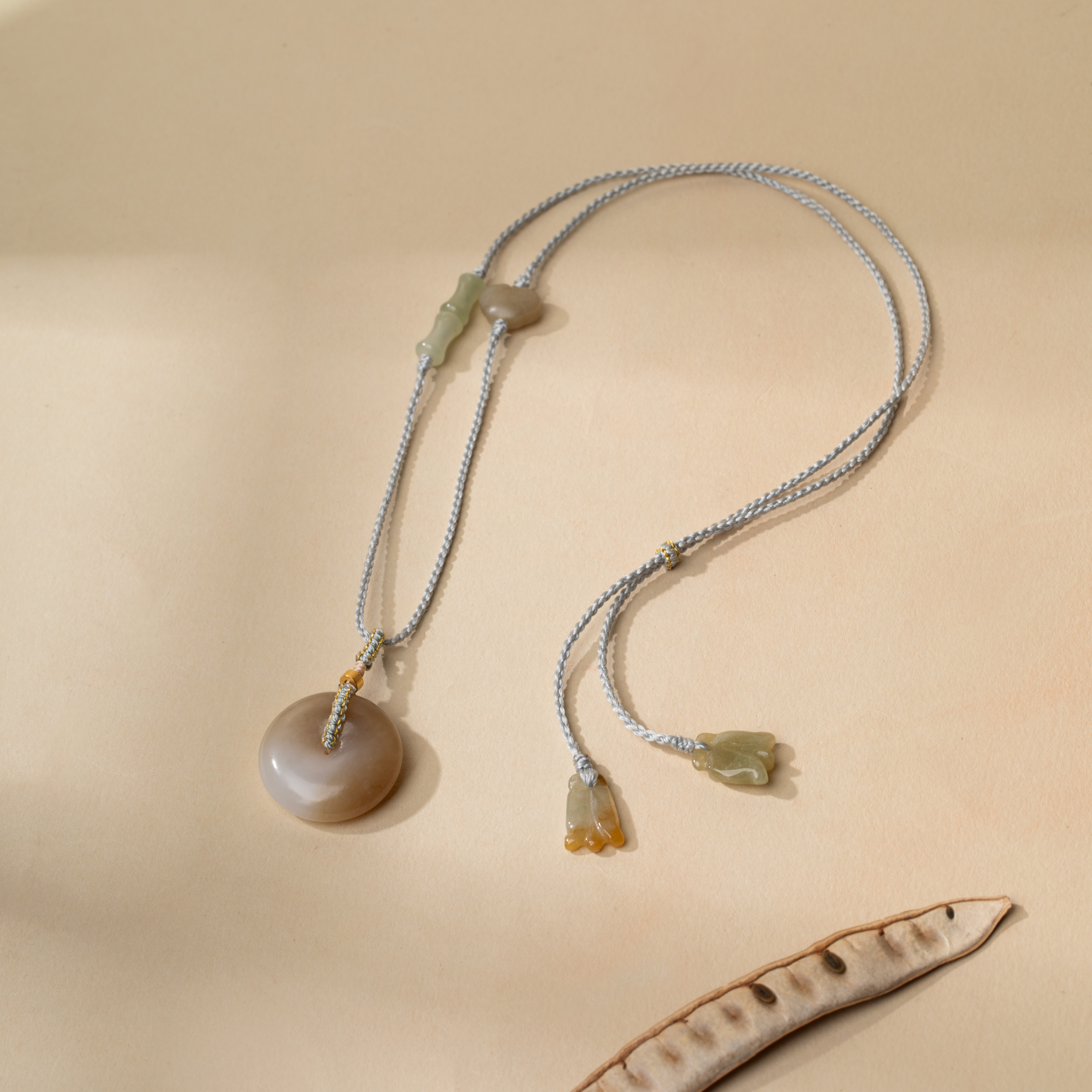 由子野一物一件【竹宝平安】25*7.5mm糖白平安扣 翡翠 18K金手工