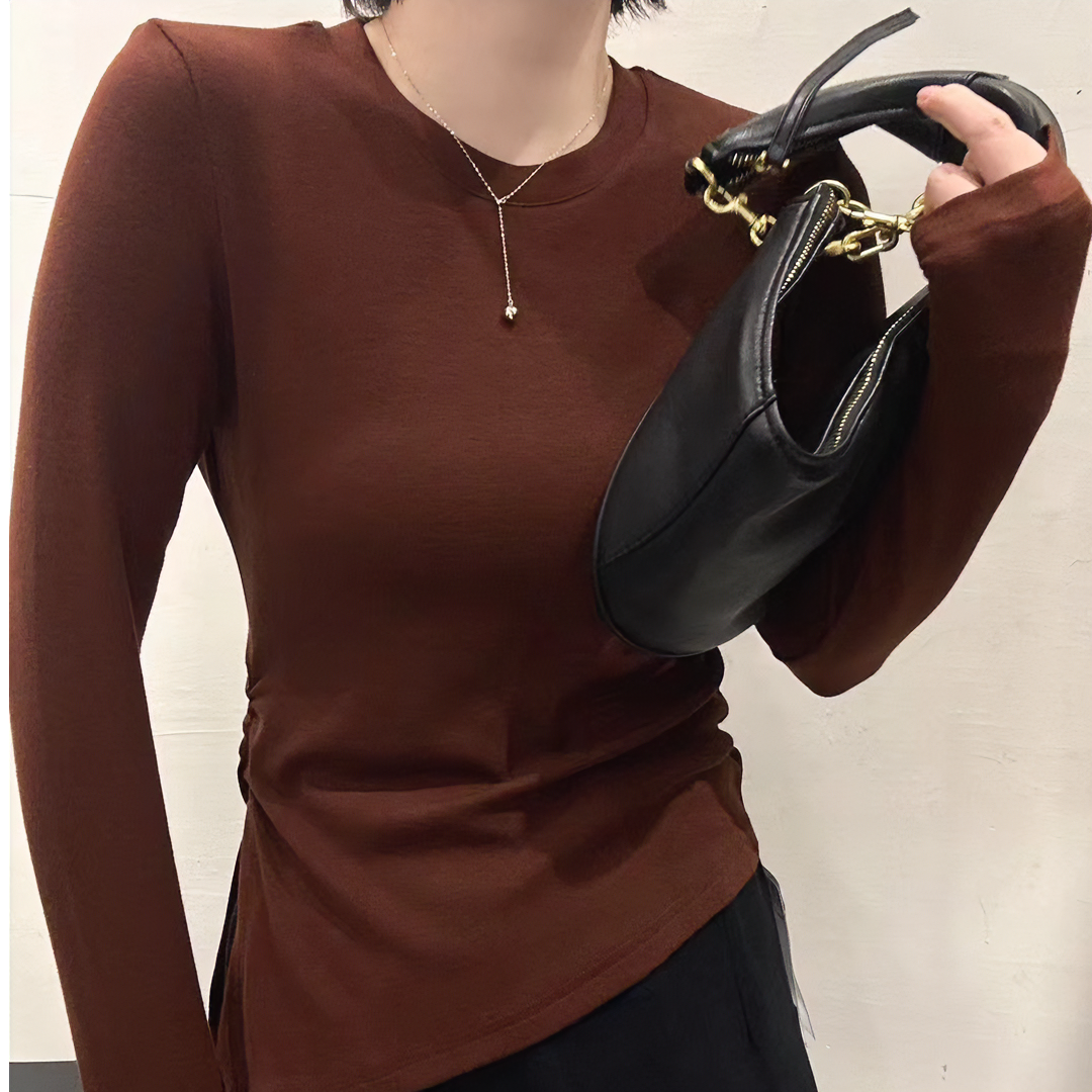 风华珏早秋百搭显瘦（开衩）设计感圆领长袖修身针织T恤