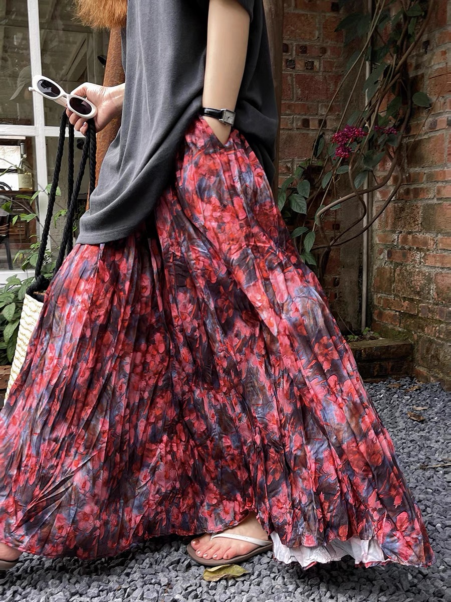 风华珏（繁华）秋季休闲时尚印花女士百搭沙滩褶皱中长款显瘦半身裙