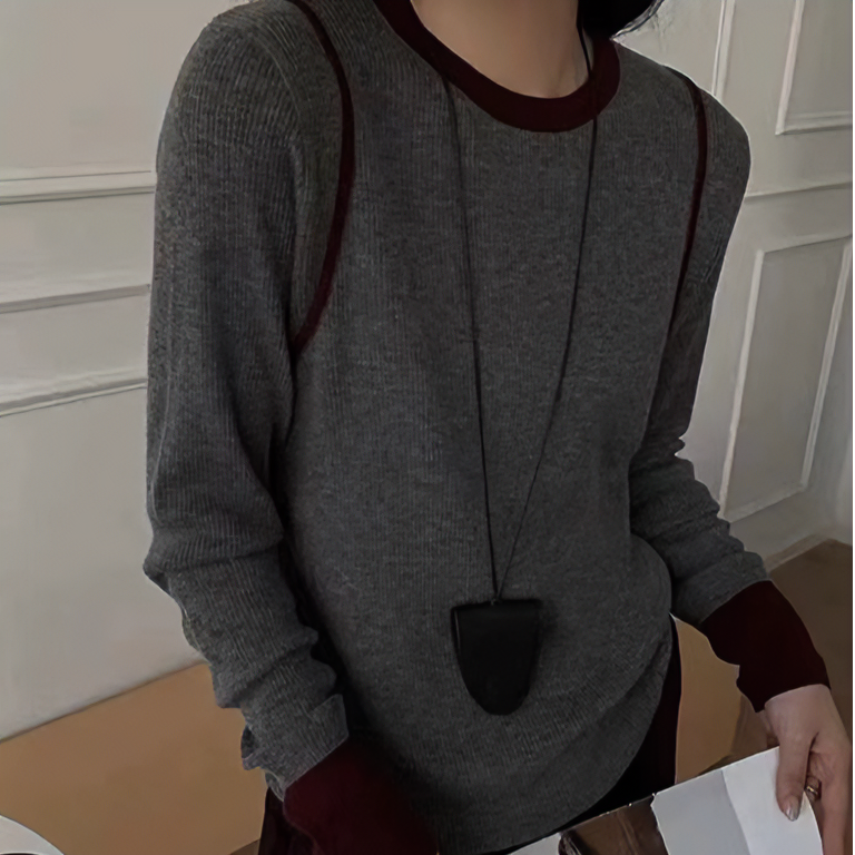 风华珏早秋百搭柔软拼接圆领套头针织长袖毛衣