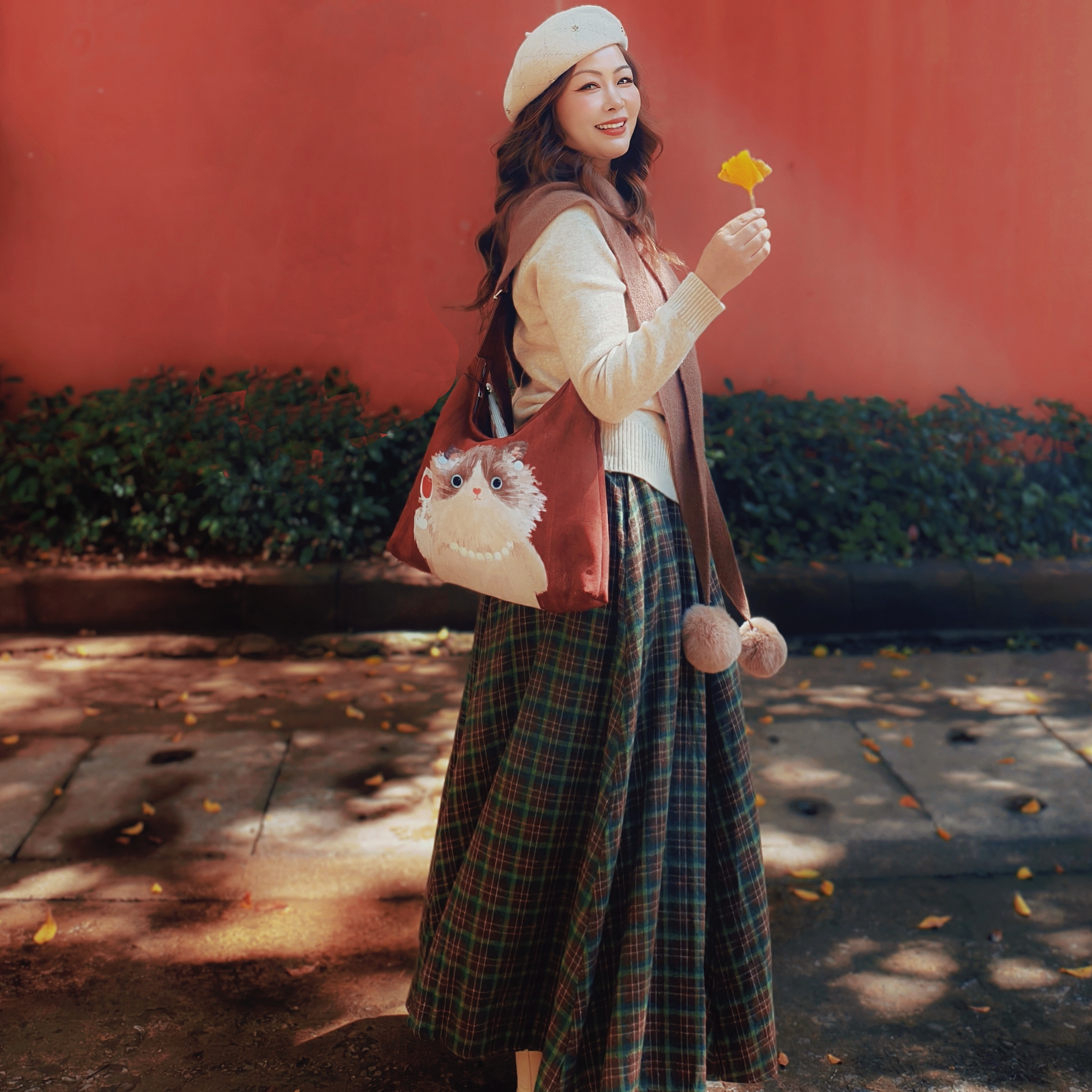 绿森林【绿咖格】早秋复古百搭两侧口袋大摆显瘦半身裙  