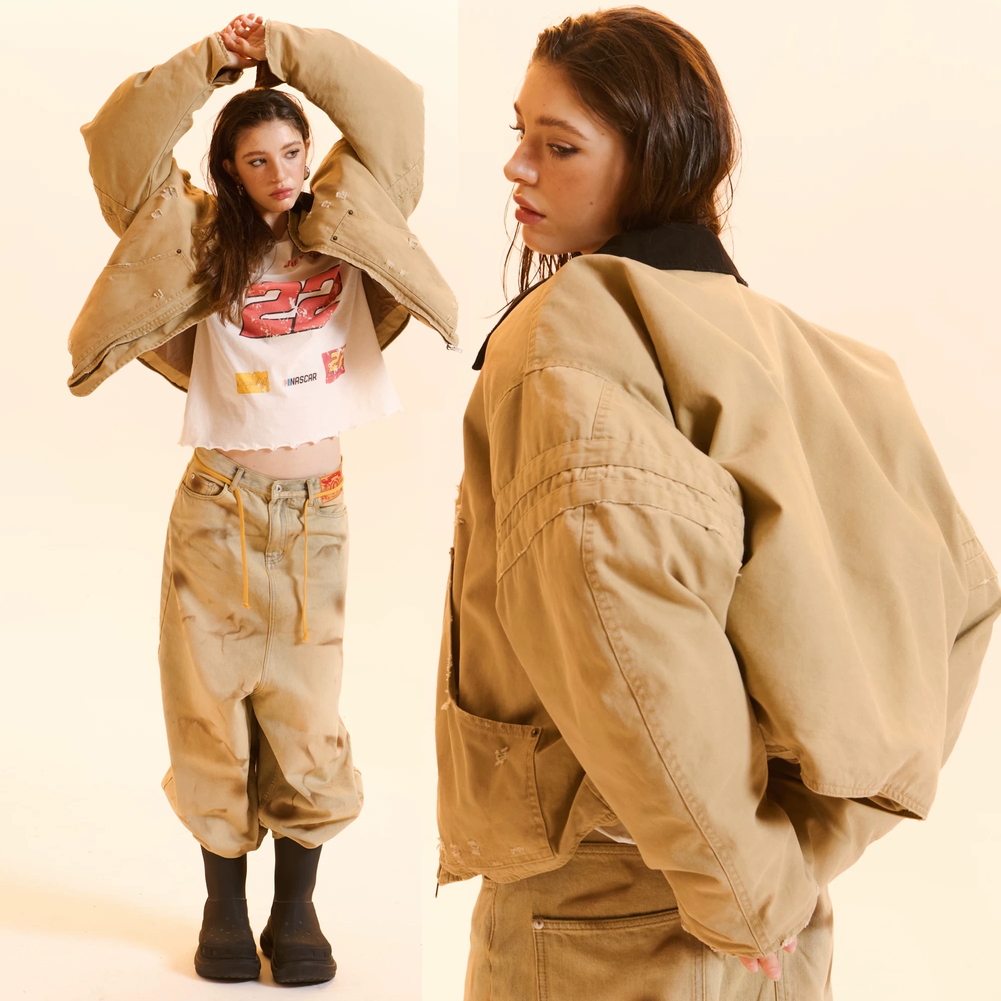 Cozydoll90白鸭绒撞色翻领复古做旧脏染大口袋廓形夹克