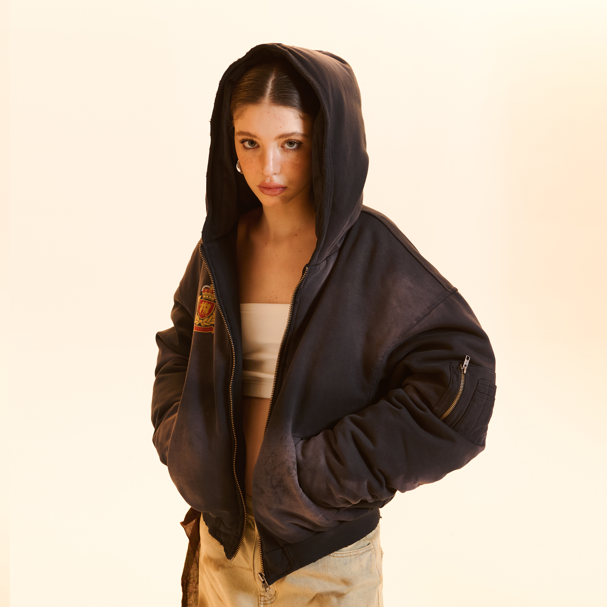 Cozydoll洗水做旧街头复古褶皱软糯亲肤充棉连帽卫衣棉服加厚