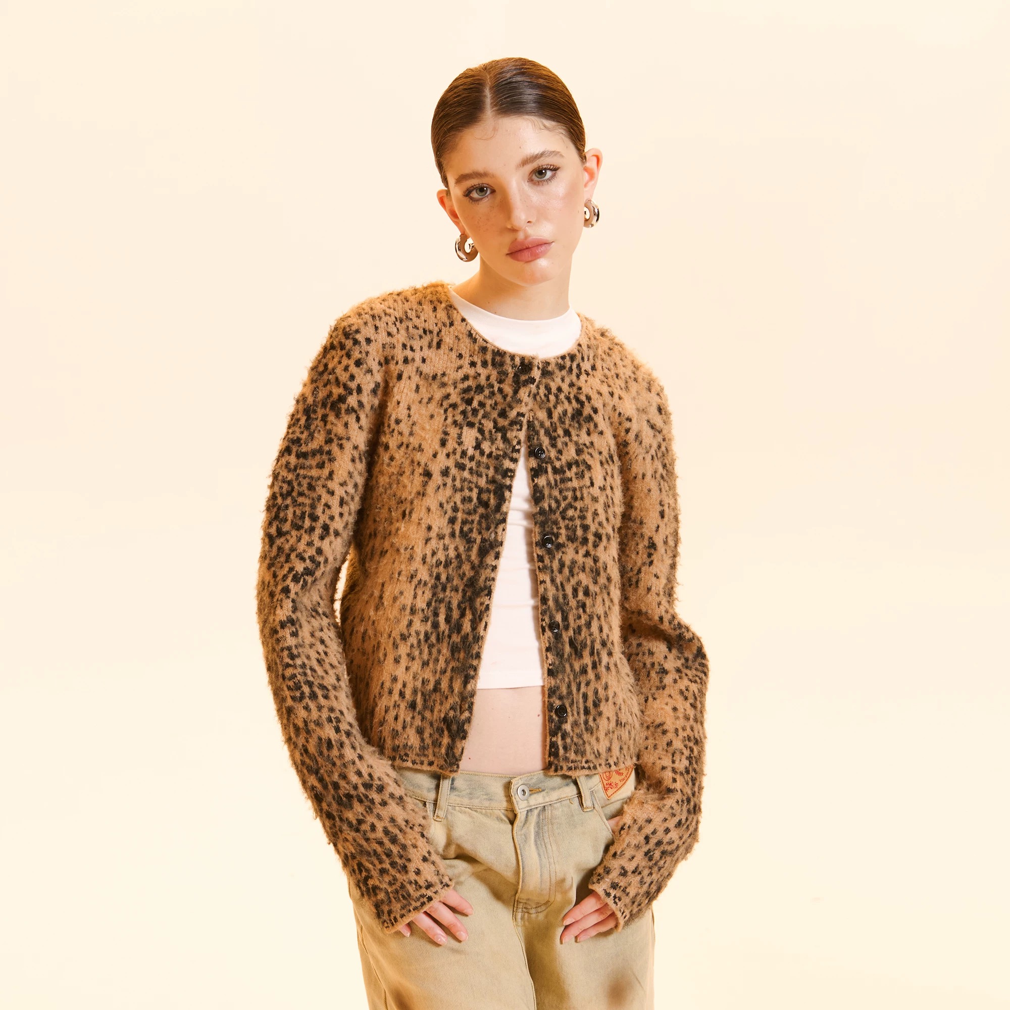 Cozydoll马海毛豹纹提花慵懒风软糯不扎人复古开衫毛衣