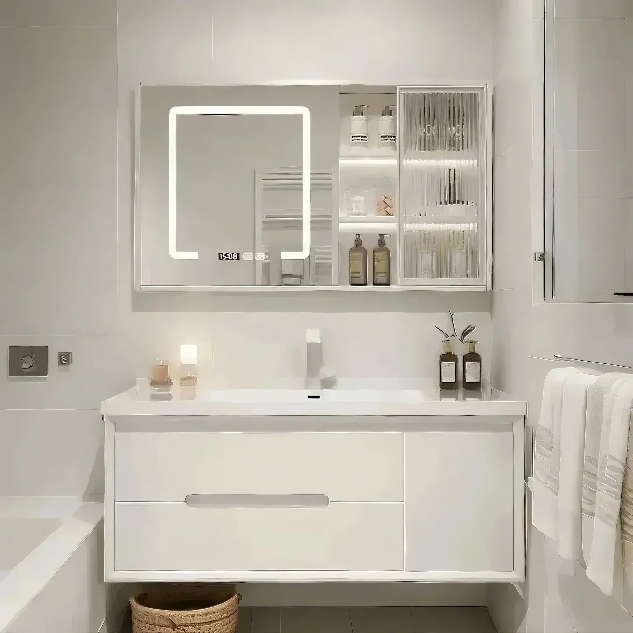 橡胶木陶瓷一体盆洗脸盆柜组合卫生间洗漱台面镜轻奢套装