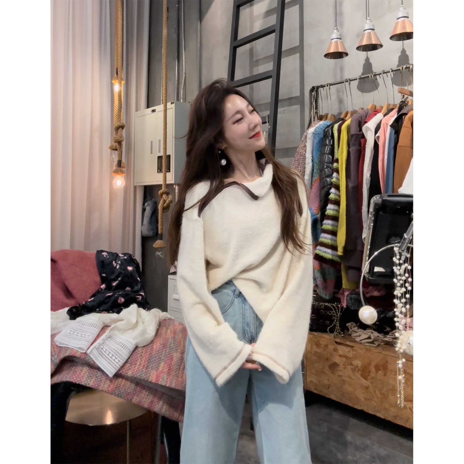 S4101802素拉那里 定制款韩系小众设计感慵懒半高领拼色拉链毛衣