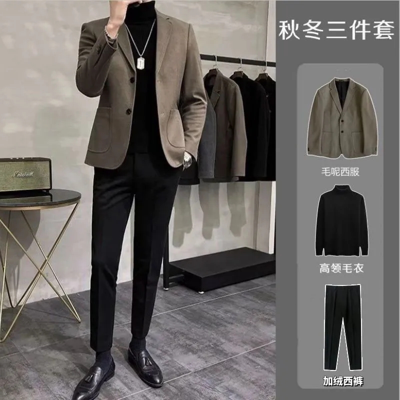 潮牌毛呢西服套装男士外套2024新款春秋冬季修身高级感痞帅小西装