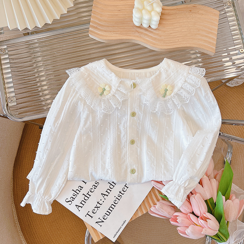秋季新款纯棉衬衣衬衫春秋长袖女童娃娃领蕾丝花边四叶欧若风童装