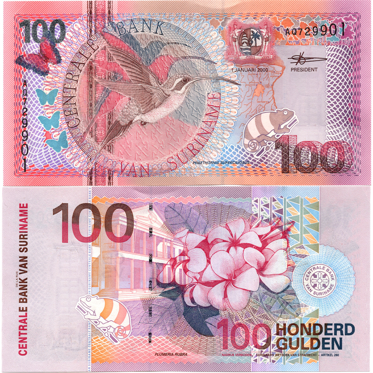 苏里南100盾长尾隐蜂鸟2000年全新UNC纸币老纸钞外国钱币收藏