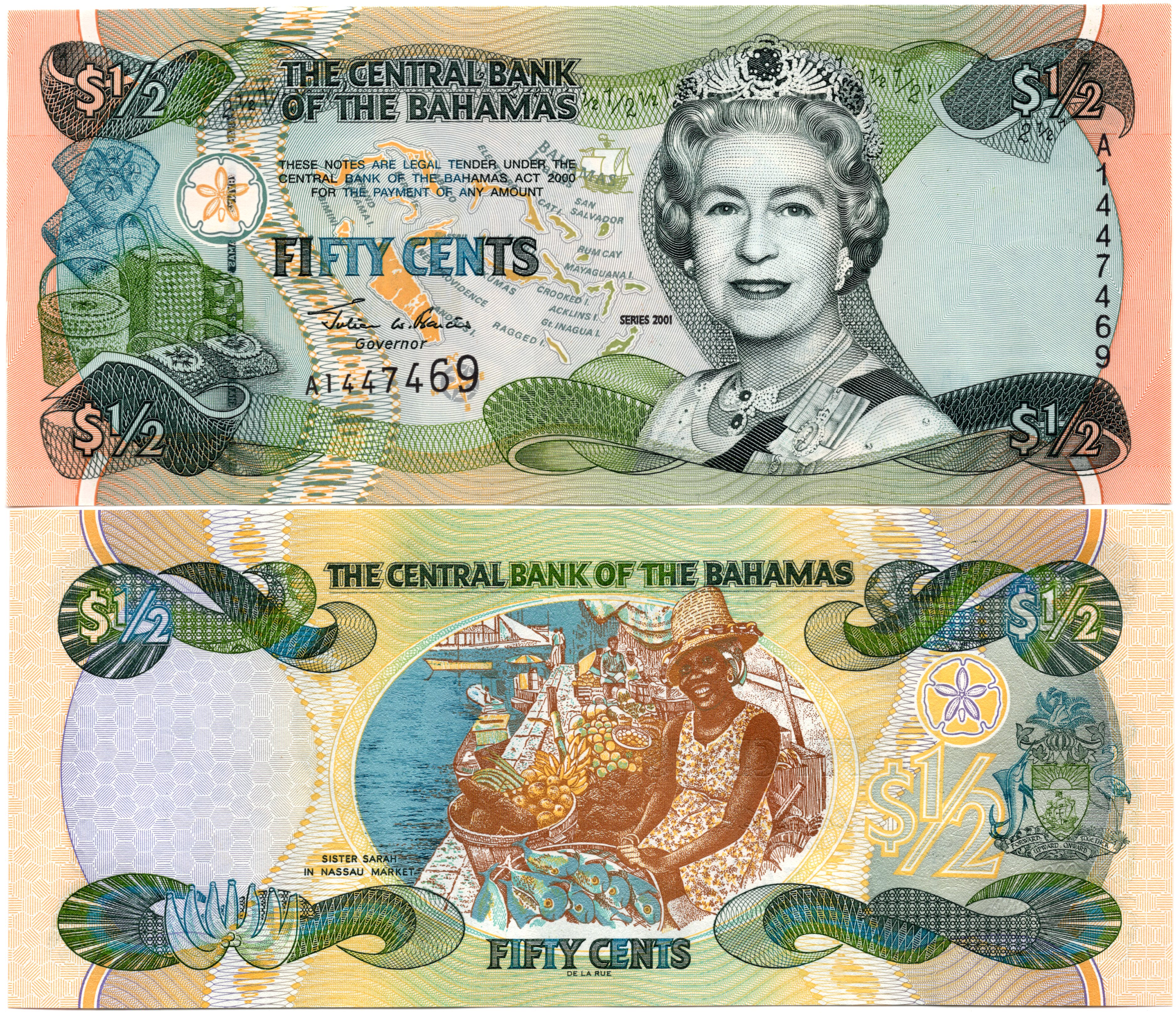 巴哈马0.5元全新UNC纸币老纸钞外国钱币收藏