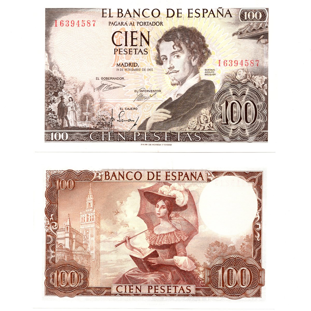 西班牙100比萨塔1965年诗人贝克尔全新UNC纸币老纸钞外国钱币收藏