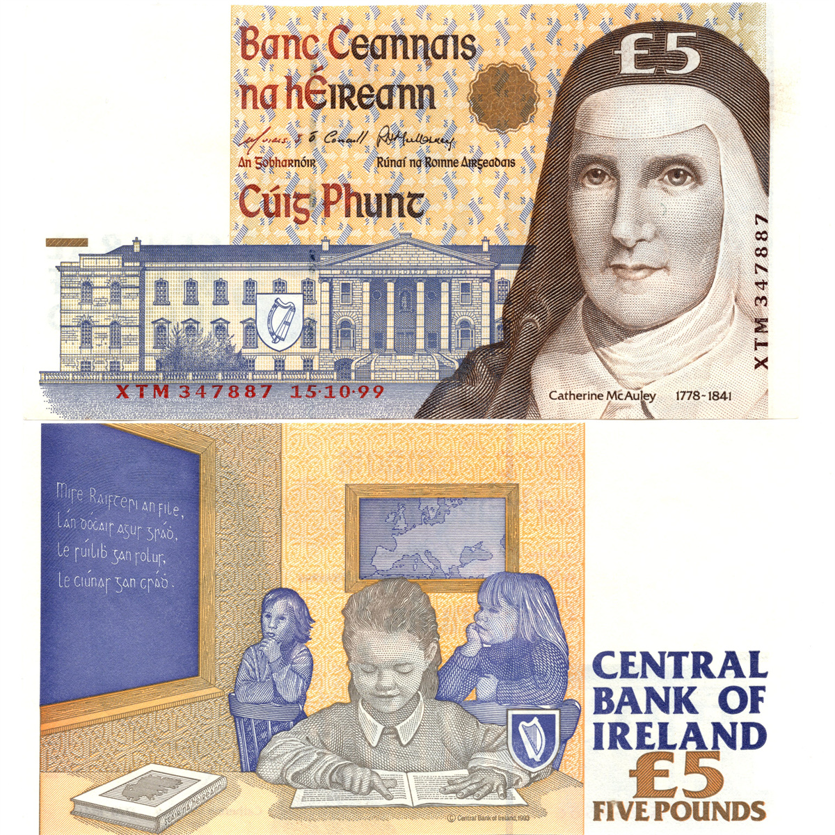 爱尔兰5镑修女凯瑟琳全新UNC纸币老纸钞外国钱币收藏
