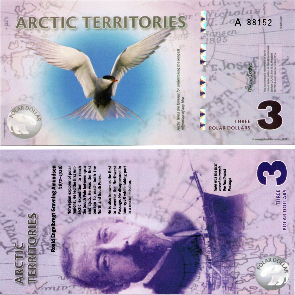 商业钞塑料钞北极3元全新UNC纸币老纸钞外国钱币收藏