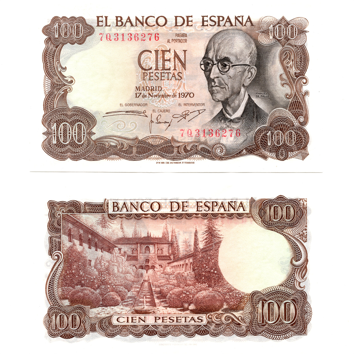 西班牙100比萨塔1970年全新UNC纸币老纸钞外国钱币收藏
