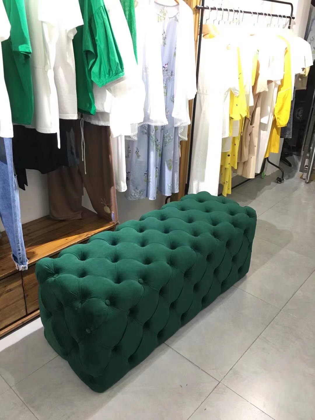 美式轻奢拉扣换鞋凳北欧丝绒沙发凳服装店衣帽间凳子床尾凳长脚凳