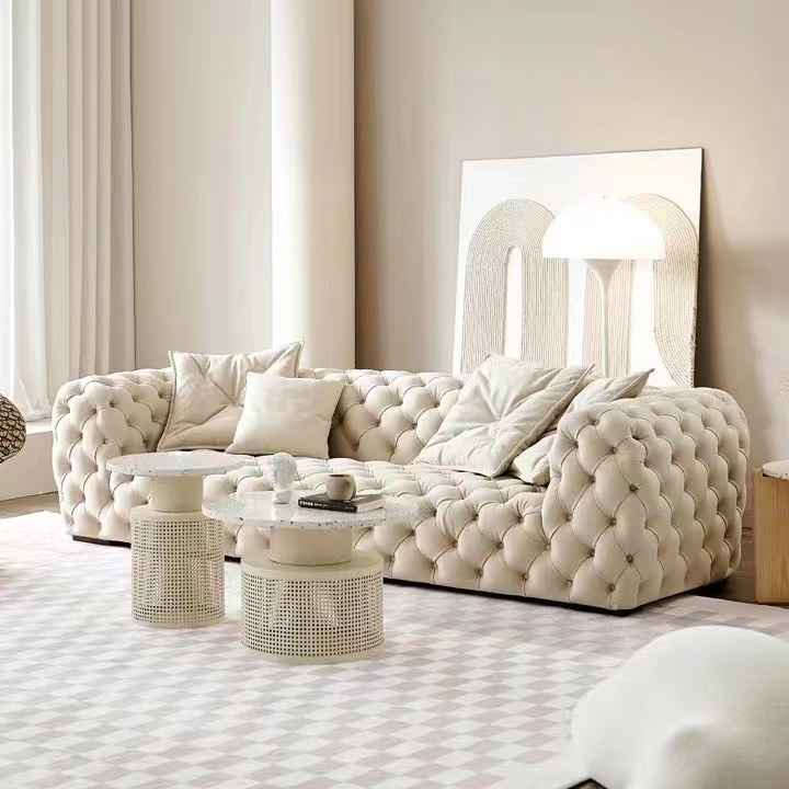 现代简约轻奢客厅艺术美式拉扣丝绒布艺沙发小户型网红设计师新款