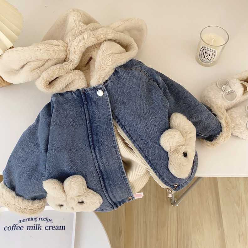 女童秋冬装加绒牛仔外套儿童冬季加厚连帽牛仔2023新款女宝宝保暖