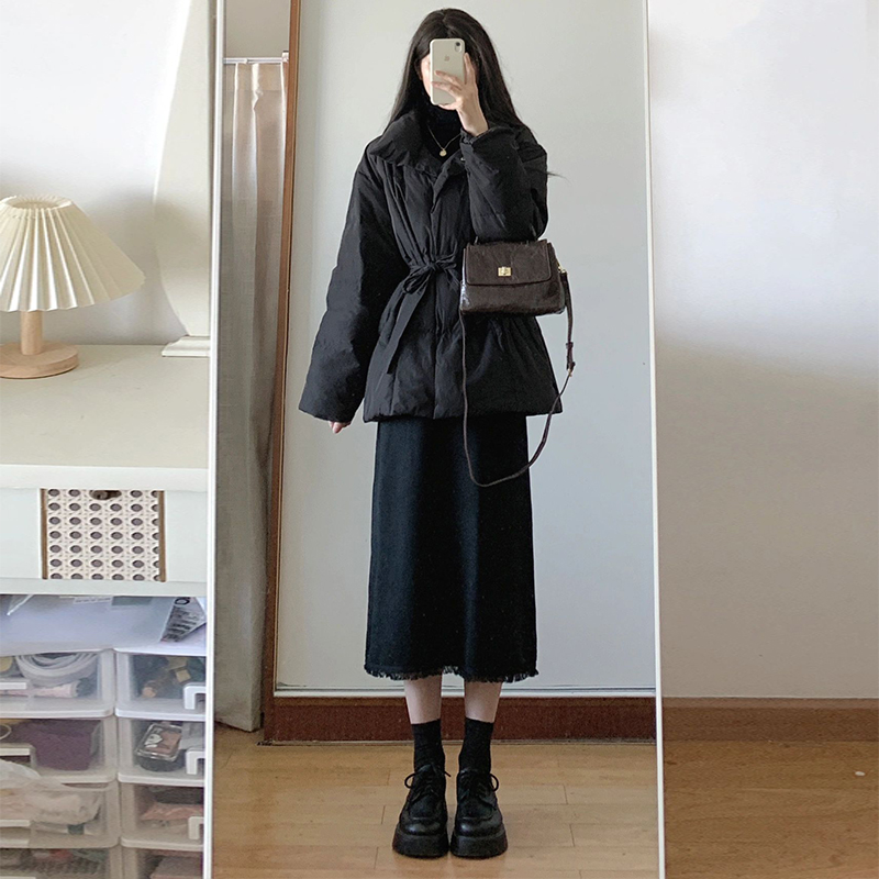 VTVK高级感超好看黑色短款棉衣棉服韩系收腰厚外套女秋冬2023新款