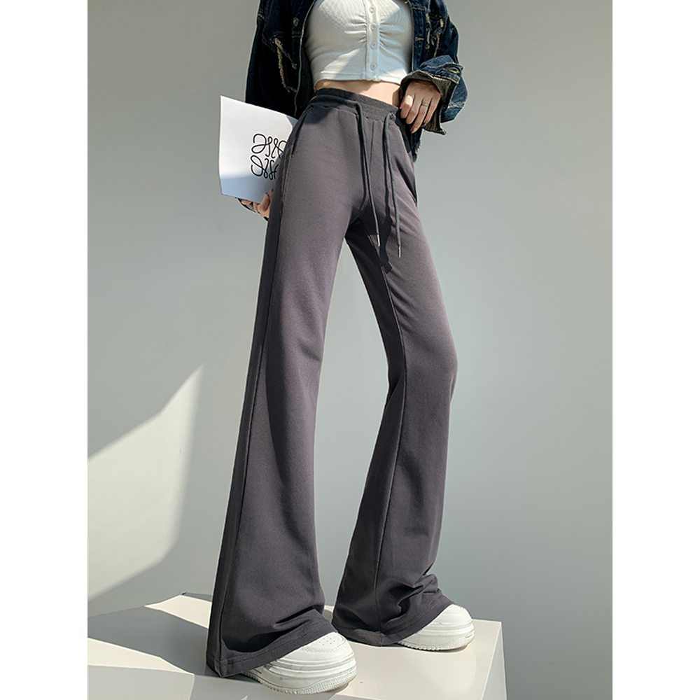 VTVK美式灰色微喇叭裤子女秋冬季高腰运动休闲卫裤垂感拖地马蹄裤