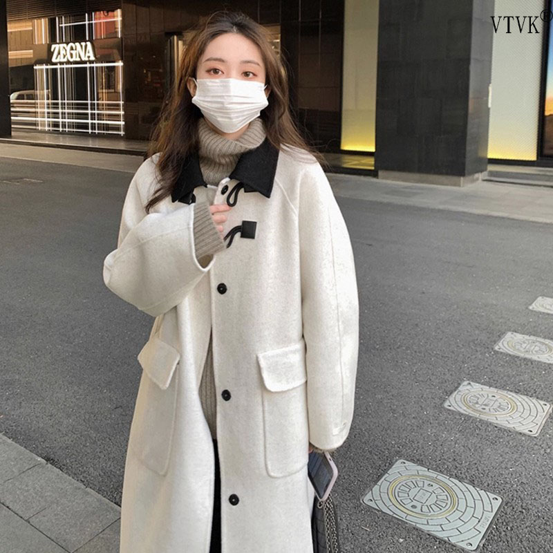 VTVK牛角扣呢子大衣女毛呢外套秋冬高级感新款小个子韩系气质撞色