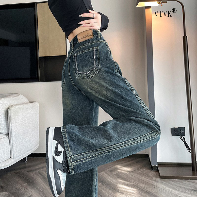 VTVK水泥灰阔腿牛仔裤女宽松直筒高腰复古撞色拼接垂感拖地长裤子
