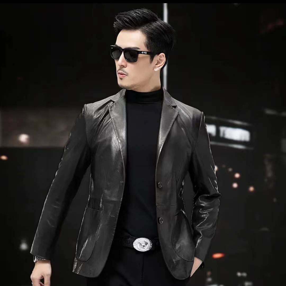 海宁男士春秋新款头层真皮黄牛小牛皮休闲时尚修身真皮西装潮外套