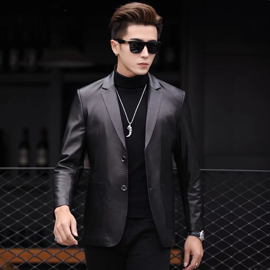 海宁高档春秋款头层绵羊皮休闲时尚真皮男士修身商务西装皮外套