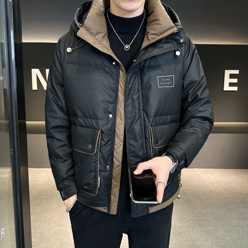 轻奢连帽羽绒服男款潮牌冬季时尚加厚保暖外套青年帅气个性拼接款