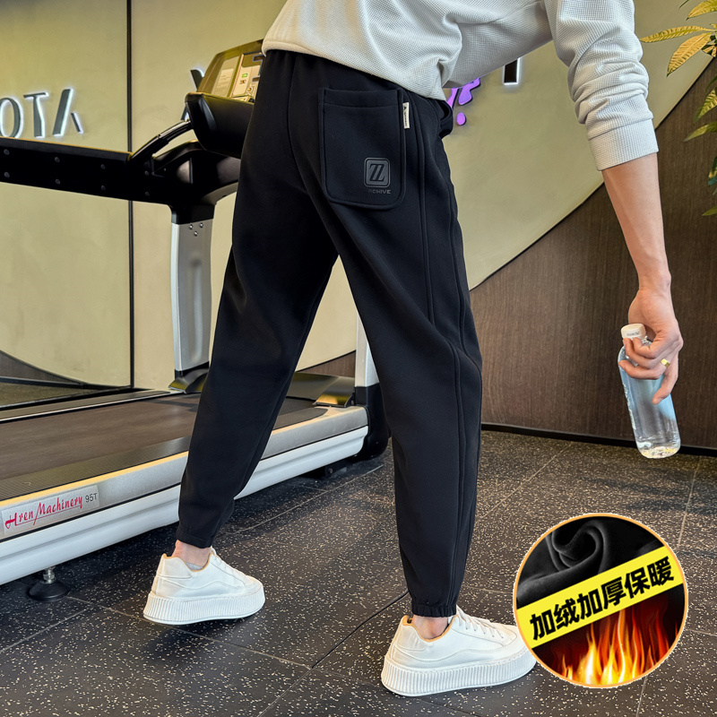 潮牌加绒休闲裤子男2023冬季加绒加厚高级感束脚休闲裤青年学生男