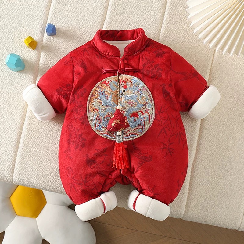 宝宝加厚连体衣冬季婴儿冬装哈衣满月周岁礼服拜年服过年喜庆衣服