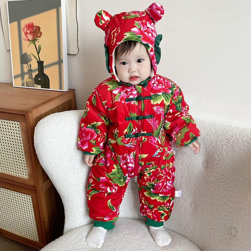 宝宝东北大花连体衣冬季婴儿加厚冬装哈衣过年衣服拜年服外出服棉