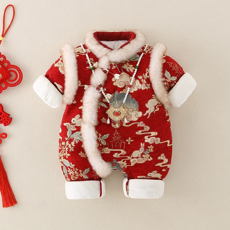 新生婴儿衣服宝宝拜年服冬季加绒连体衣外出棉服加厚周岁礼服爬服