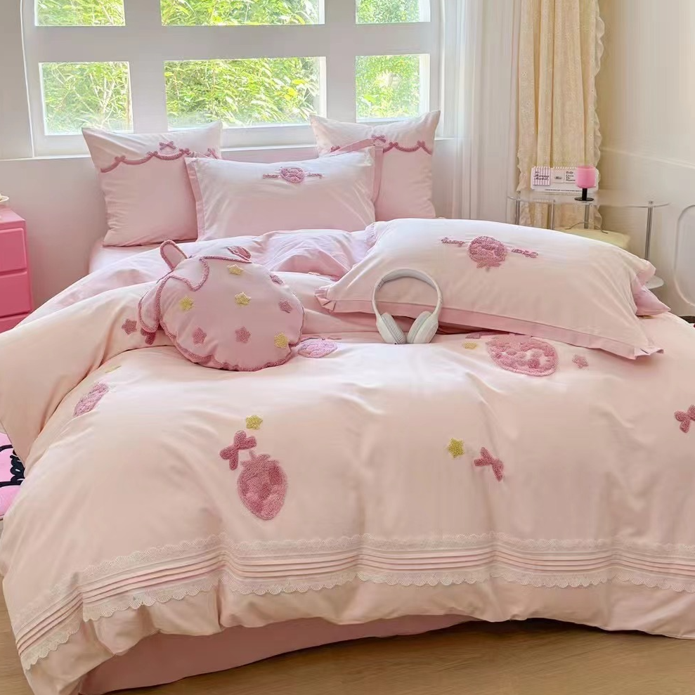 小清新粉色可爱草莓少女心全棉加厚磨毛毛巾绣刺绣四件套学生单人