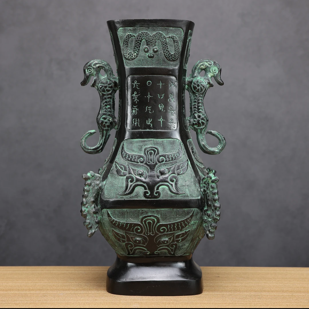 高25四龙方瓶仿古青铜器摆件家居摆件桌面摆件