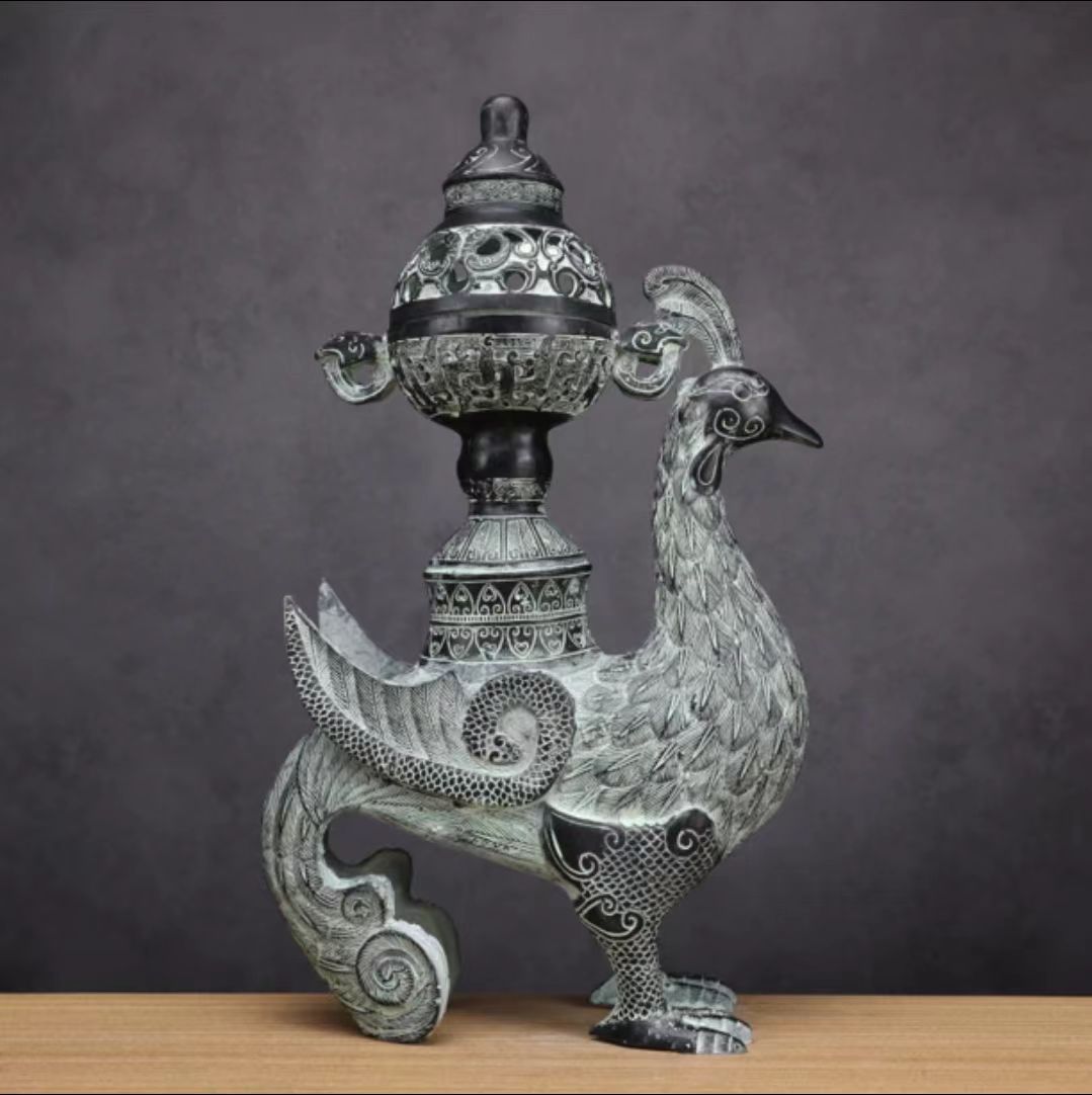 锌合金高35凤鸟熏香炉，仿古青铜器现代工艺家居玄幻桌面摆件