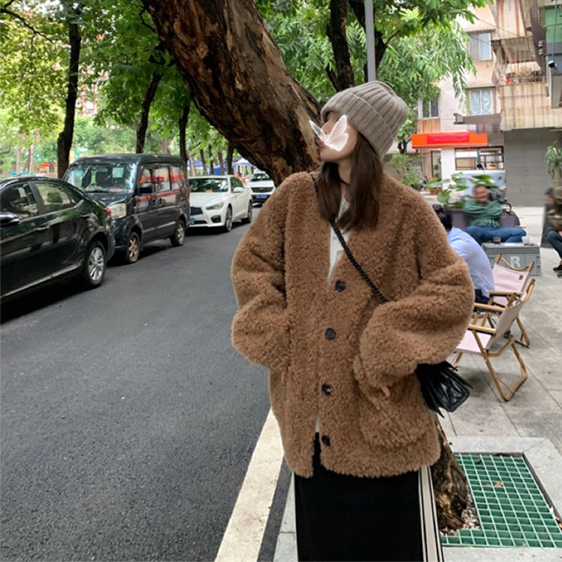 北海道美拉德V领100%羊羔毛外套女颗粒羊剪绒大衣中长款慵懒kkmm