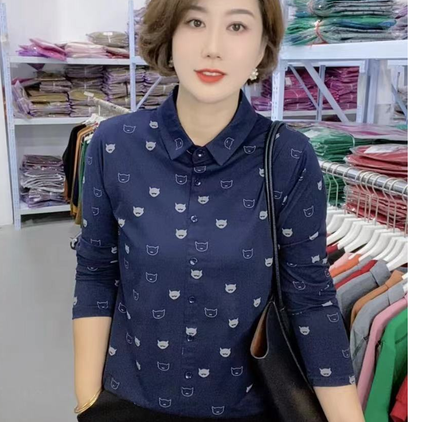 秋季上新女士宽松休闲百搭洋气减龄印花翻领长袖上衣